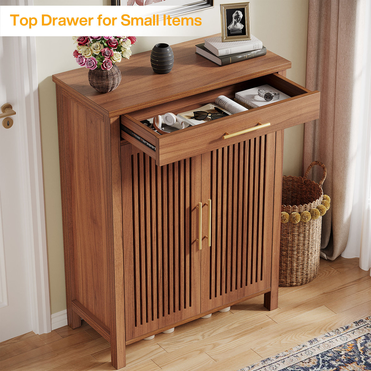 Ishpreet 5-Tier Shoe Storage Cabinet With Doors And Drawer, Wooden Shoe Rack Organizer